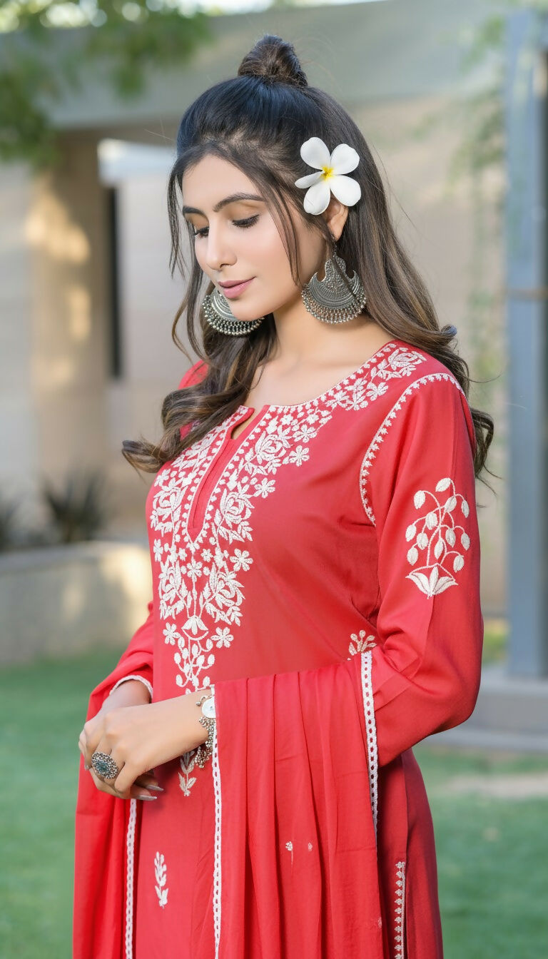 BulBul Akshyani Rust Rayon Kurta Set with Dupatta - Swadesiicart