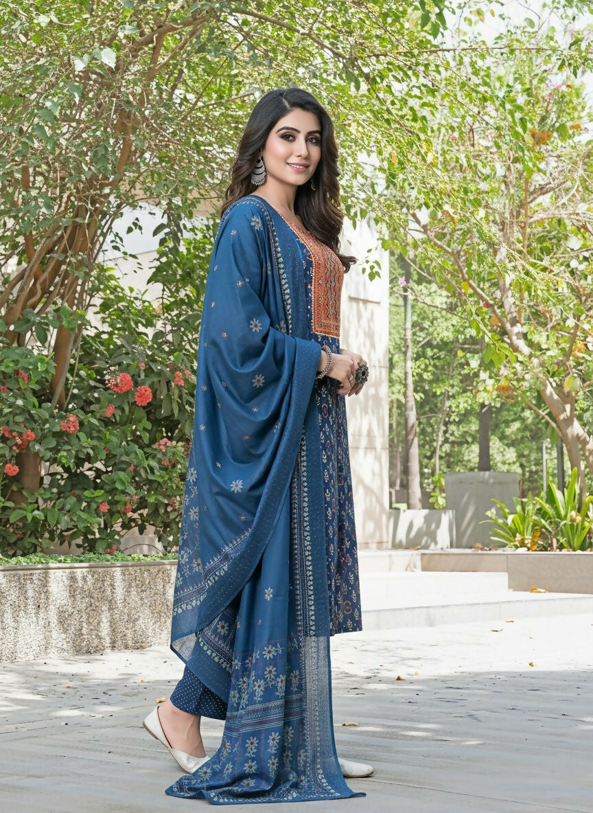 BulBul Aaliya Navy Cotton Kurta Set with Dupatta - Swadesiicart