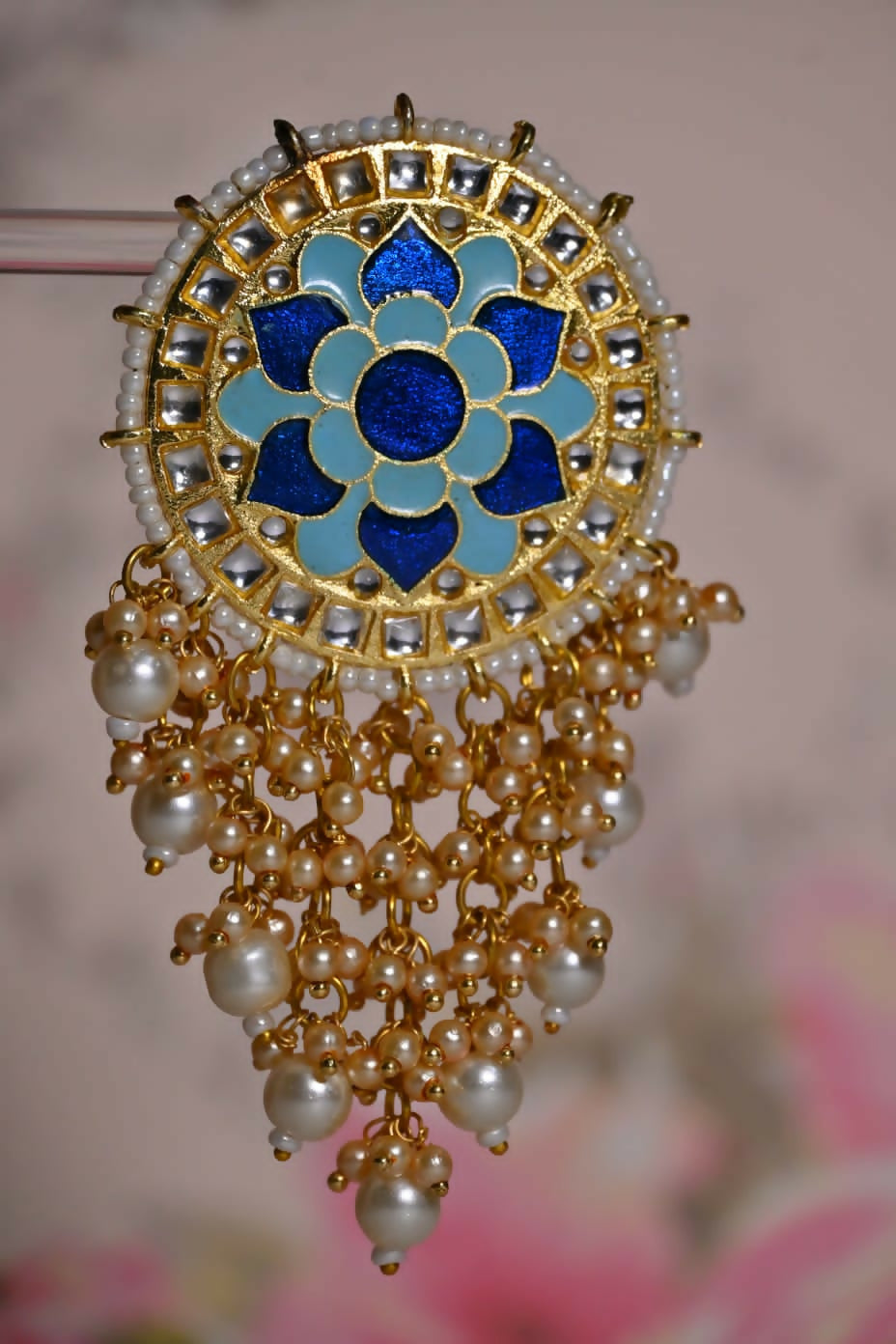 Blue Mandala Flower Hand Painted Bridal Earrings By House of Ree - Swadesiicart