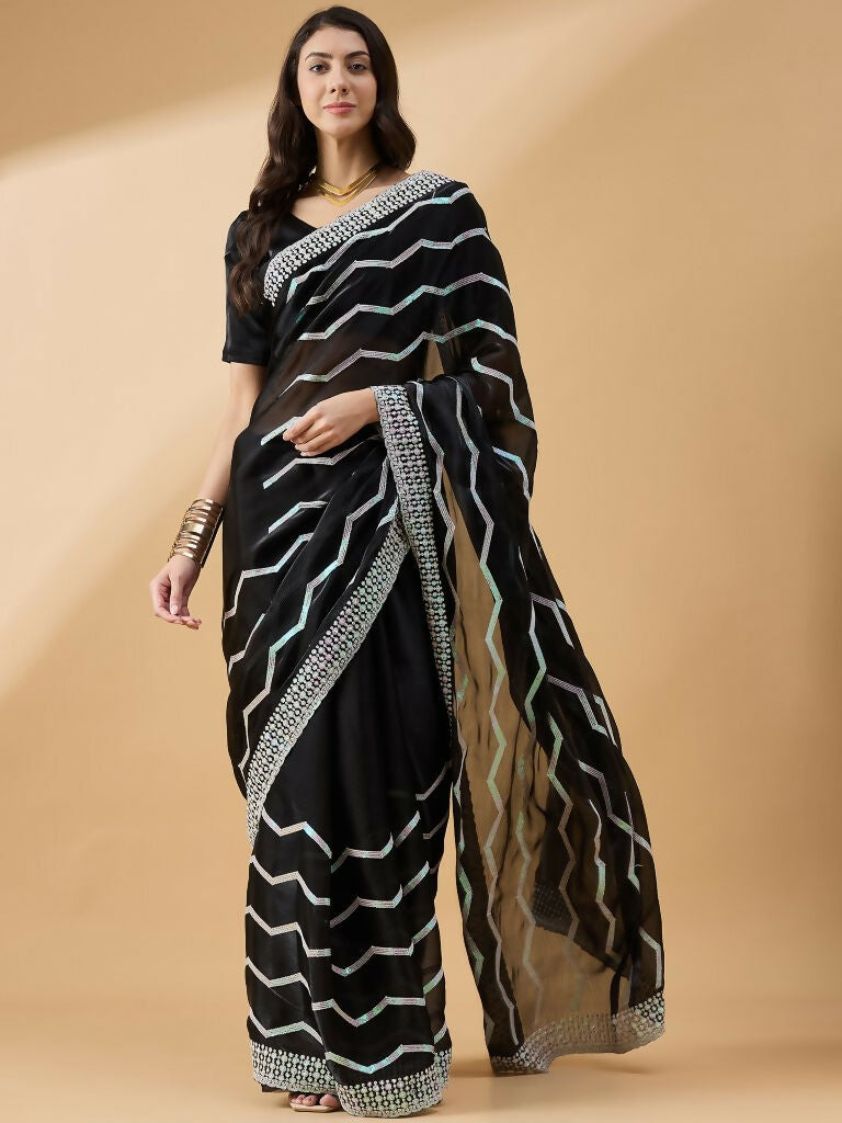 Black Tissue Slub Embroidered Saree with Unstitched Blouse - Vairagi