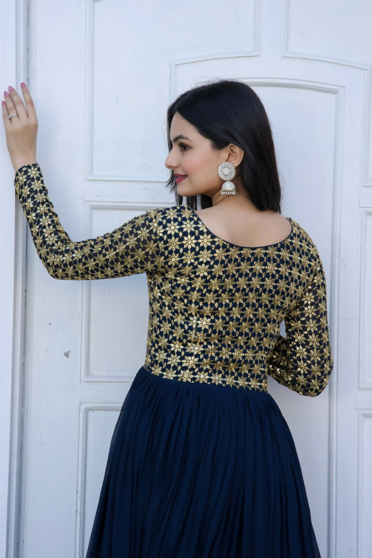 Jyoti Fashion Women's Navy Blue Sequence Zari Embroidered Faux Blooming Anarkali Dress | Swadesiicart