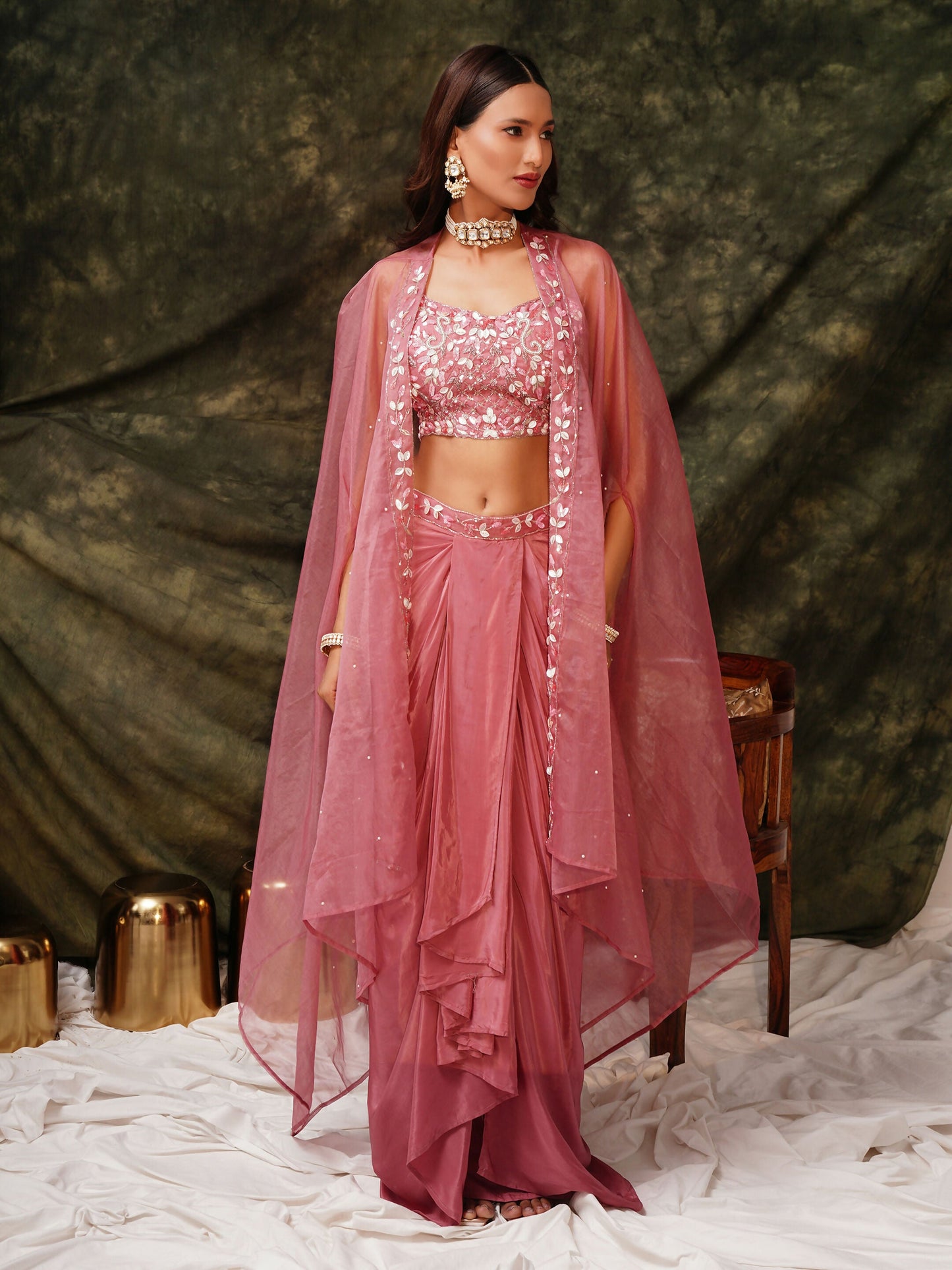 Pink Pure Crepe Handwork Top with Skirt & Shrug - Naomika - Swadesiicart