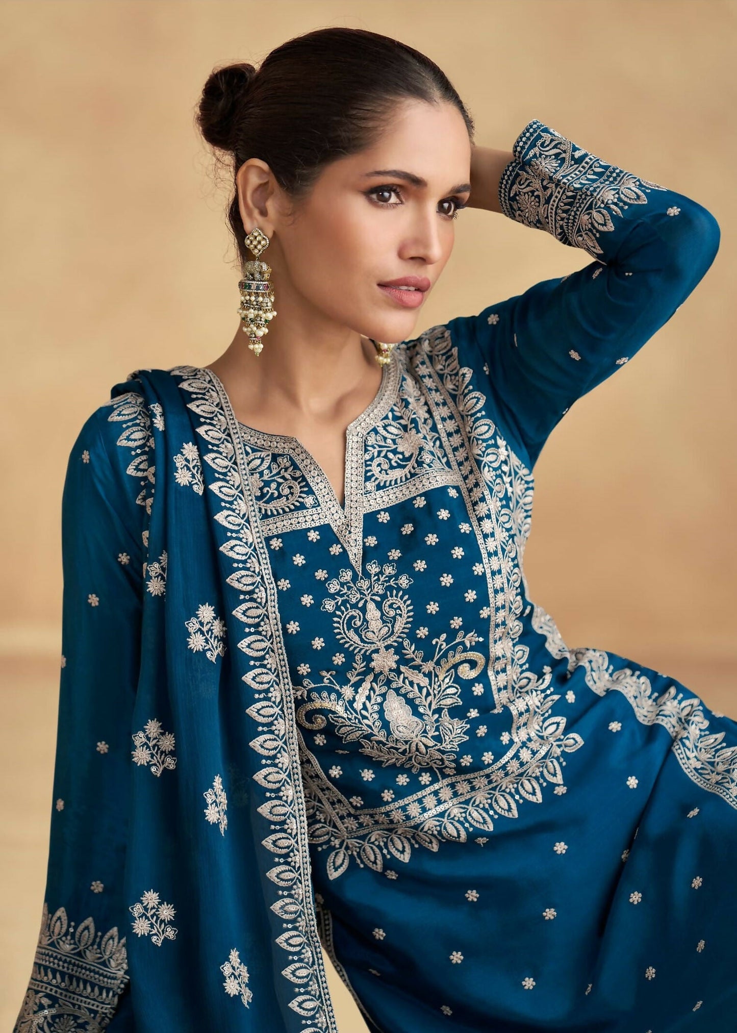 Anaita Teal Premium Chinon Embroidered Dhaga Sequence Work Ready Made Suit