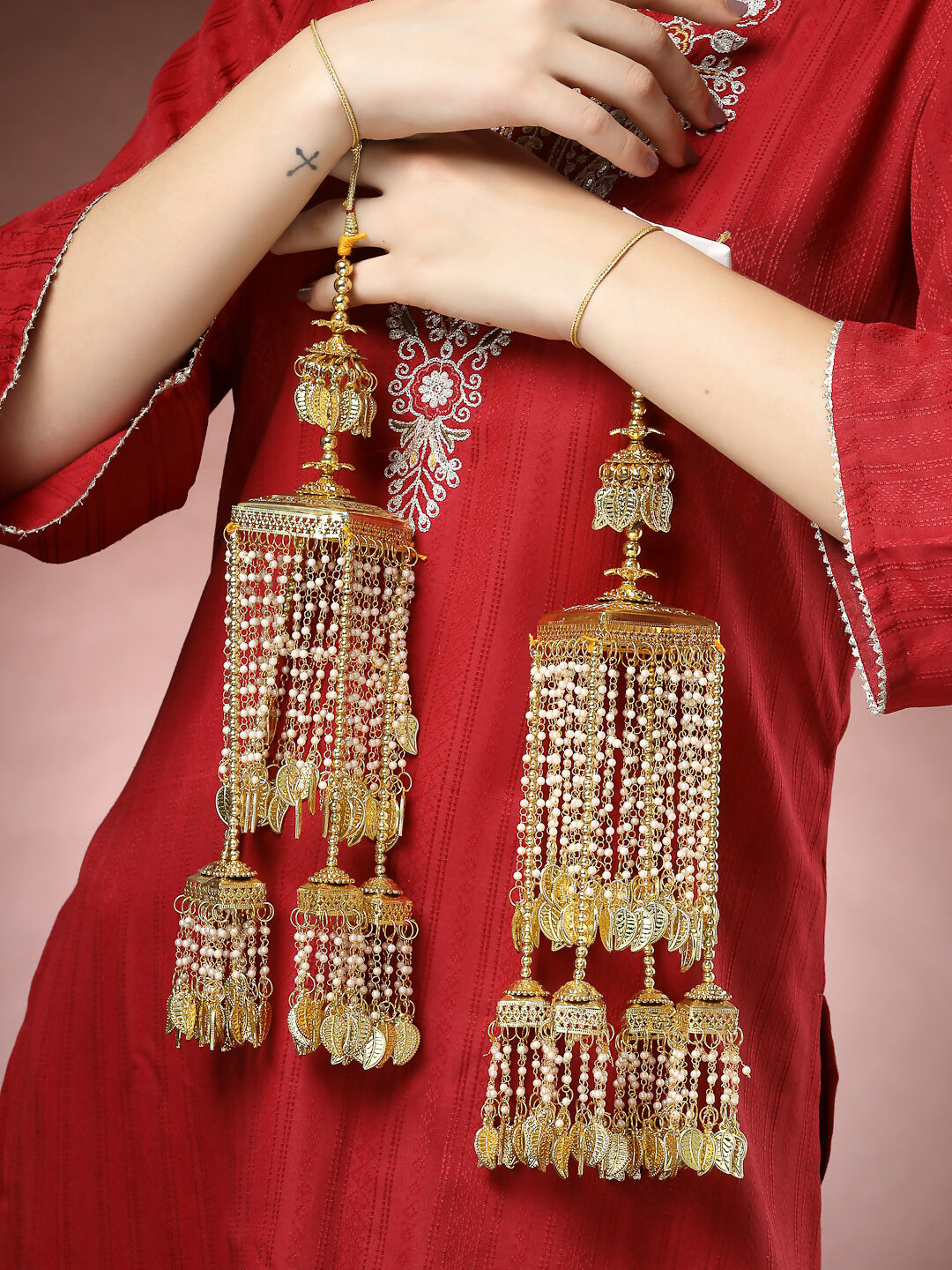 NVR Women's Pack Of 2 Gold-Polished & White Pearl Beaded Bridal Heavy Kaleera Sets - Swadesiicart