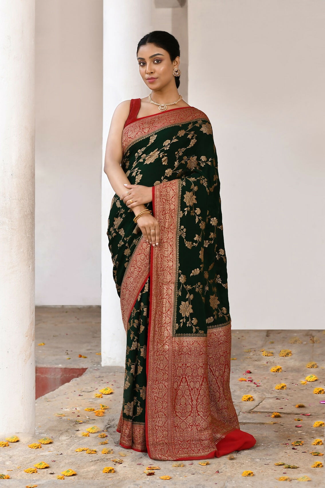 Joban Fashion Green Crepe Chiffon Pure Handloom Banarasi Silk Saree | Swadesiicart