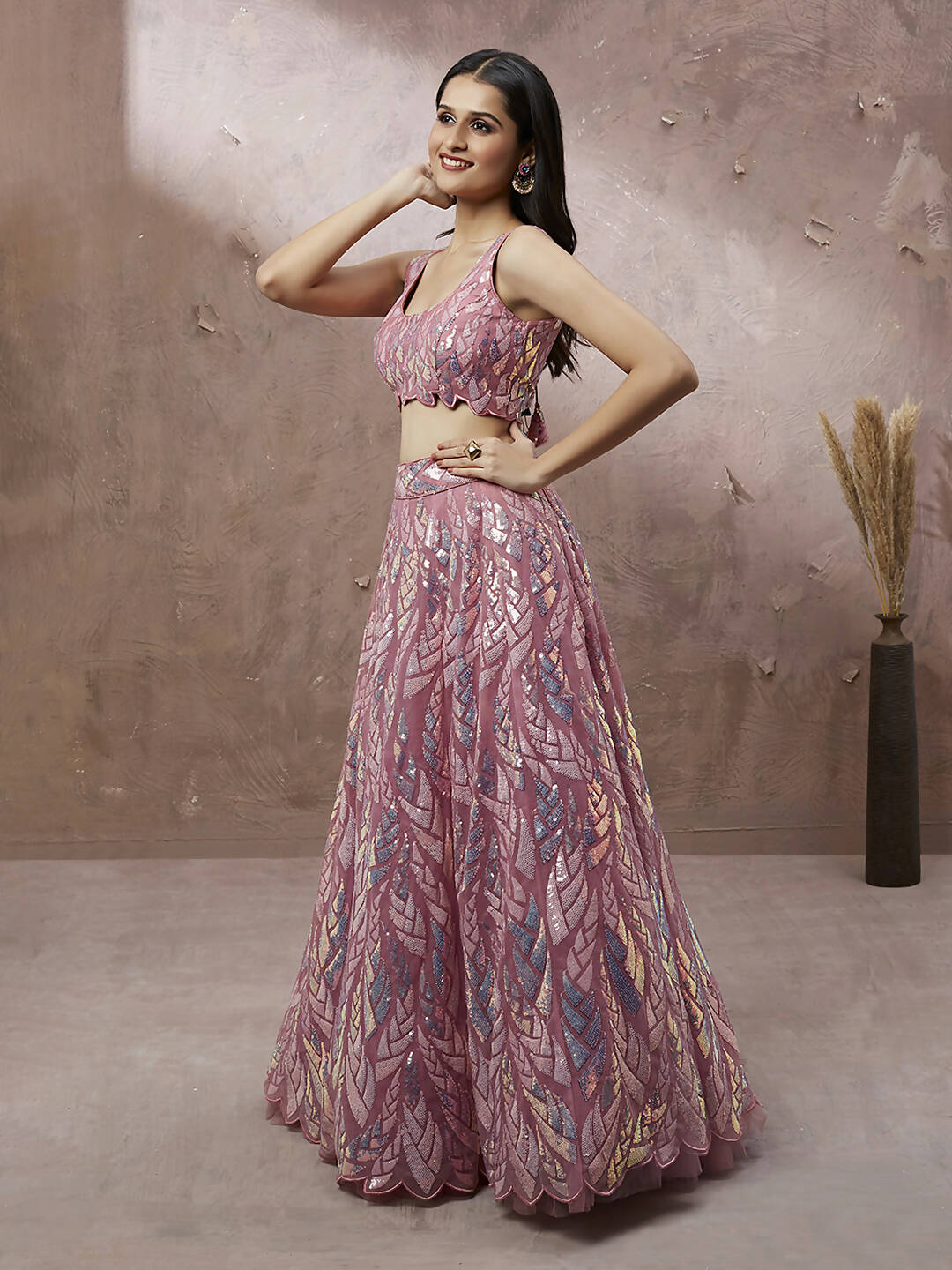 House of Panchhi CORAL Net Sequinse Work Lehenga & Blouse, Dupatta | Swadesiicart