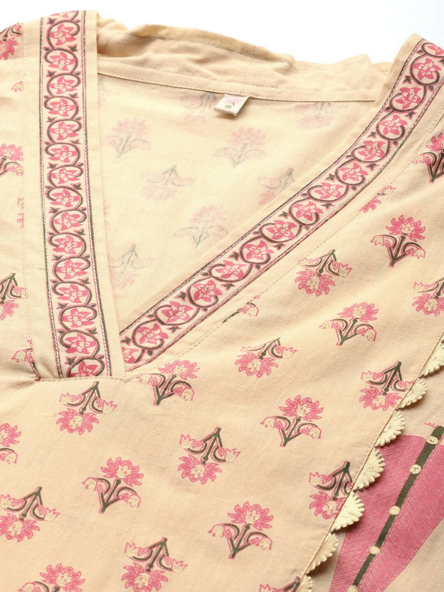 Ahalyaa Women Cream-Coloured & Pink Floral Print Pure Cotton Anarkali Kurta with Palazzos | Swadesiicart