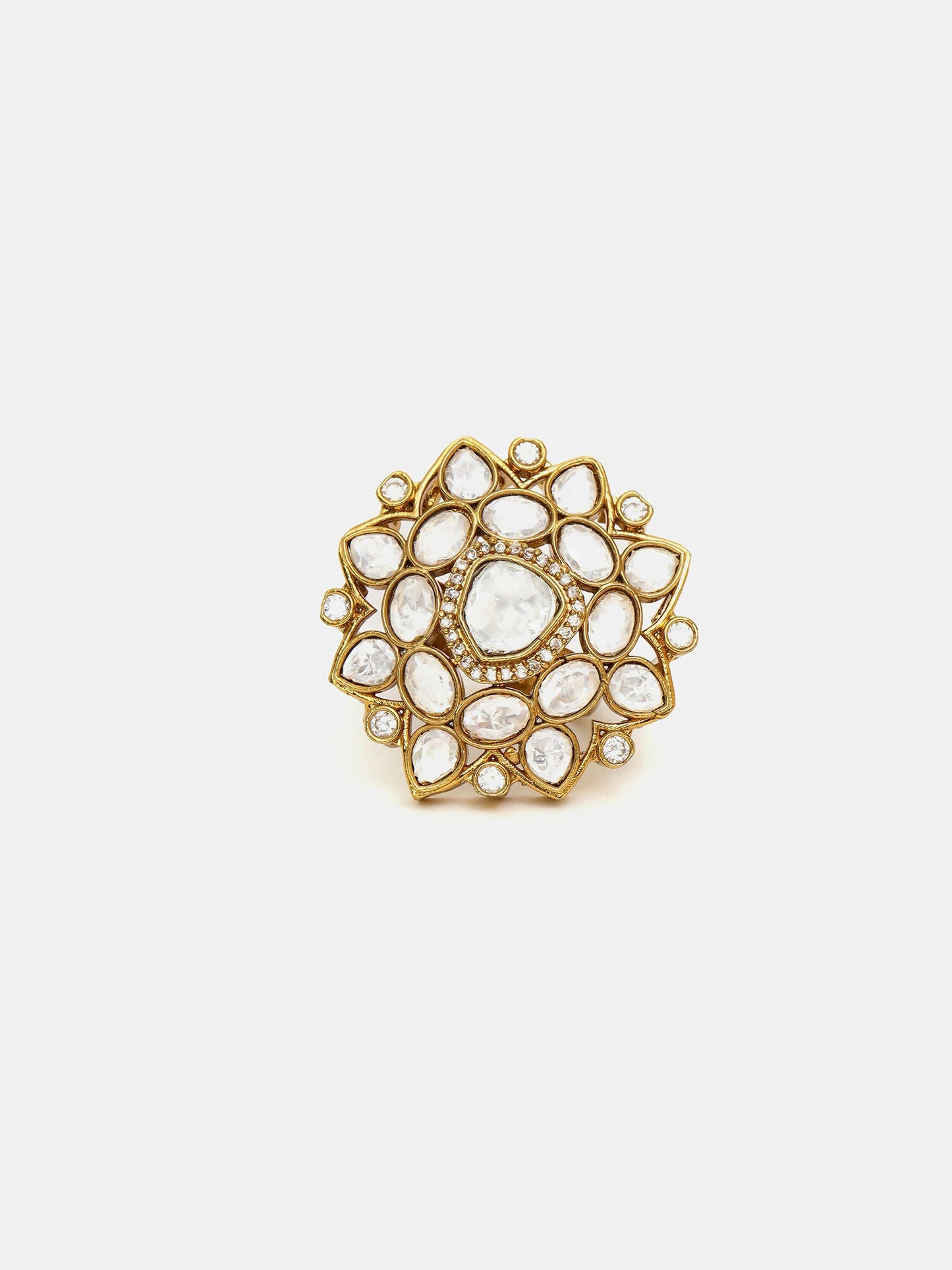 Ruby Raang Traditional Gold Polished White Kundan Ring | Swadesiicart