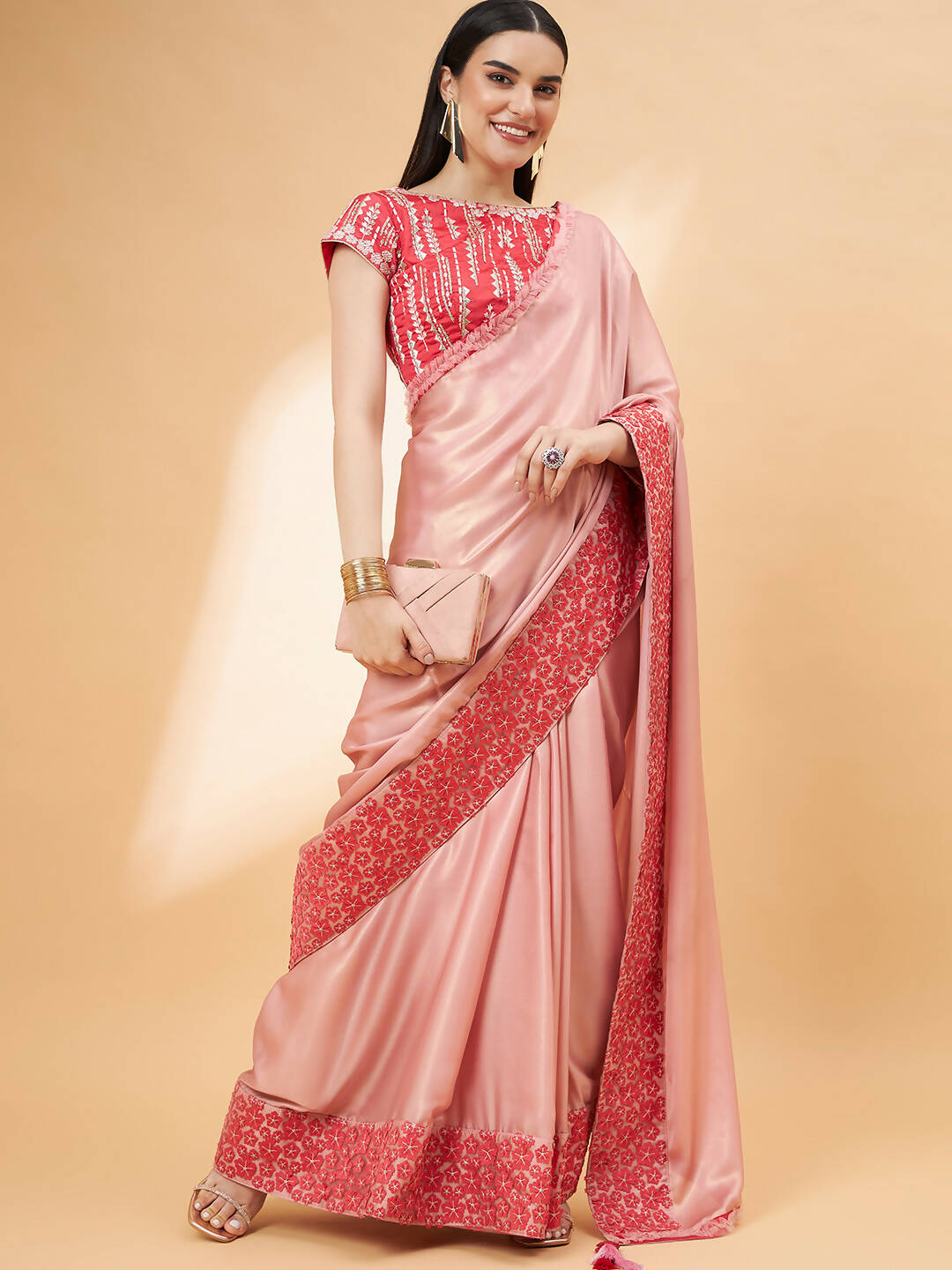 Light Pink Satin Georgette Laser Cut Floral Embroidery , Resham, Zari And Cord Embroidery Saree - Norita Hit Design - Swadesiicart