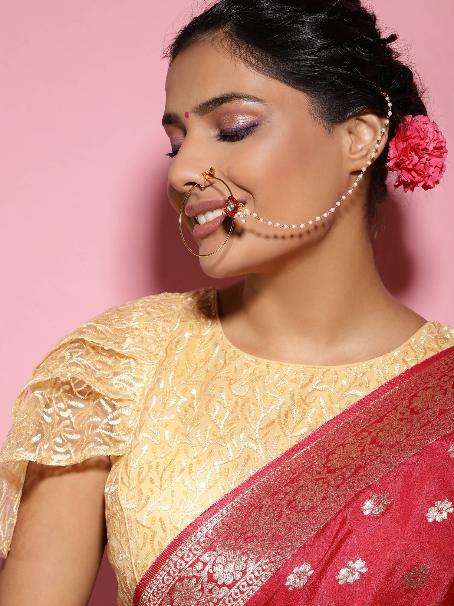 White Red Gold-Polished Kundan-Studded Beaded Nosepin - Ruby Raang | Swadesiicart