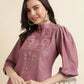 Dust Pink Chinon Yoke Embroidered A-line Top - Tarini - Swadesiicart