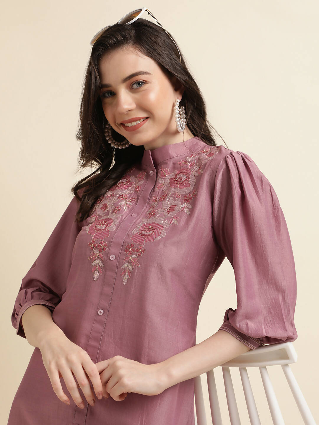 Dust Pink Chinon Yoke Embroidered A-line Top - Tarini - Swadesiicart