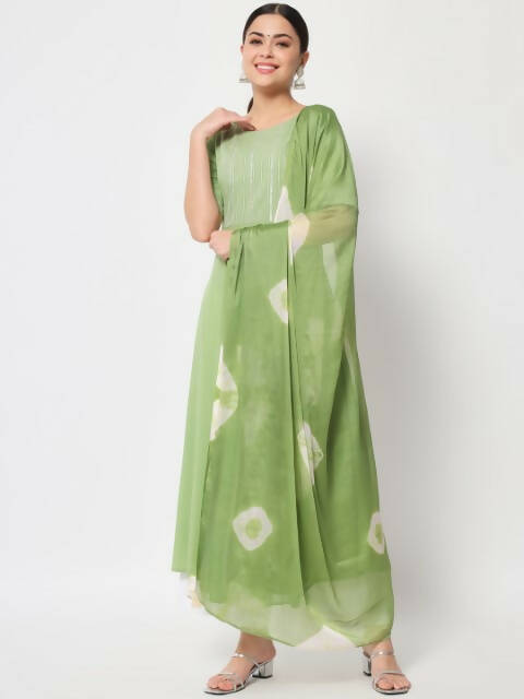 FIORRA Women's Pista Green Poly Crepe Flared Kurta With Dupatta - Swadesiicart