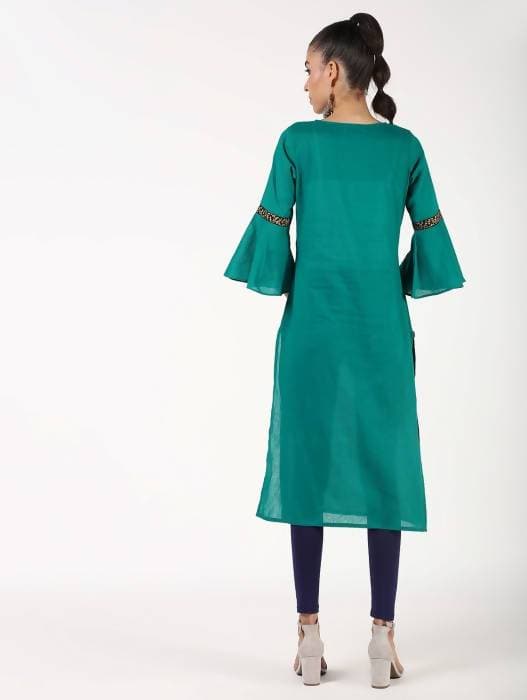 Aniyah Cotton Bell Sleeve Solid Straight Kurta In Turquoise Color (AN-147K) - Swadesiicart