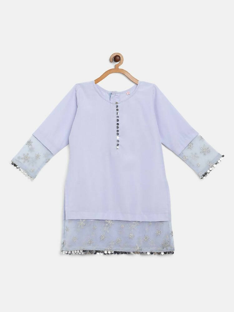 Ahalyaa Blue Crepe Silver Glitter Print Kids Kurta Palazzo Set With Dupatta For Girls | Swadesiicart