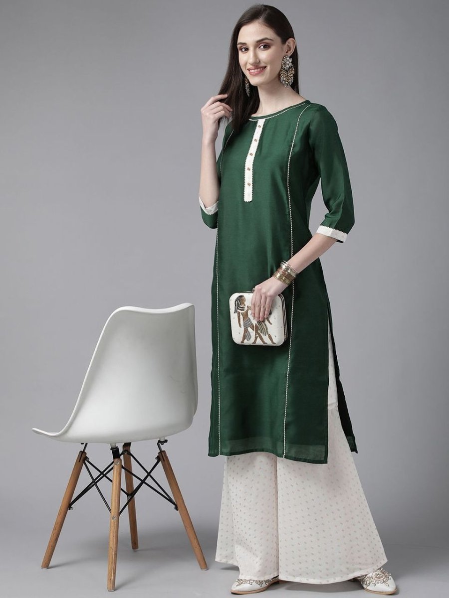 Ahalyaa Women Dark Green Plain Chanderi Kurta with Sharara Set | Swadesiicart