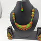 Terracotta Light Green and Gold Tribal Theme Necklace Set with Ear Hangings