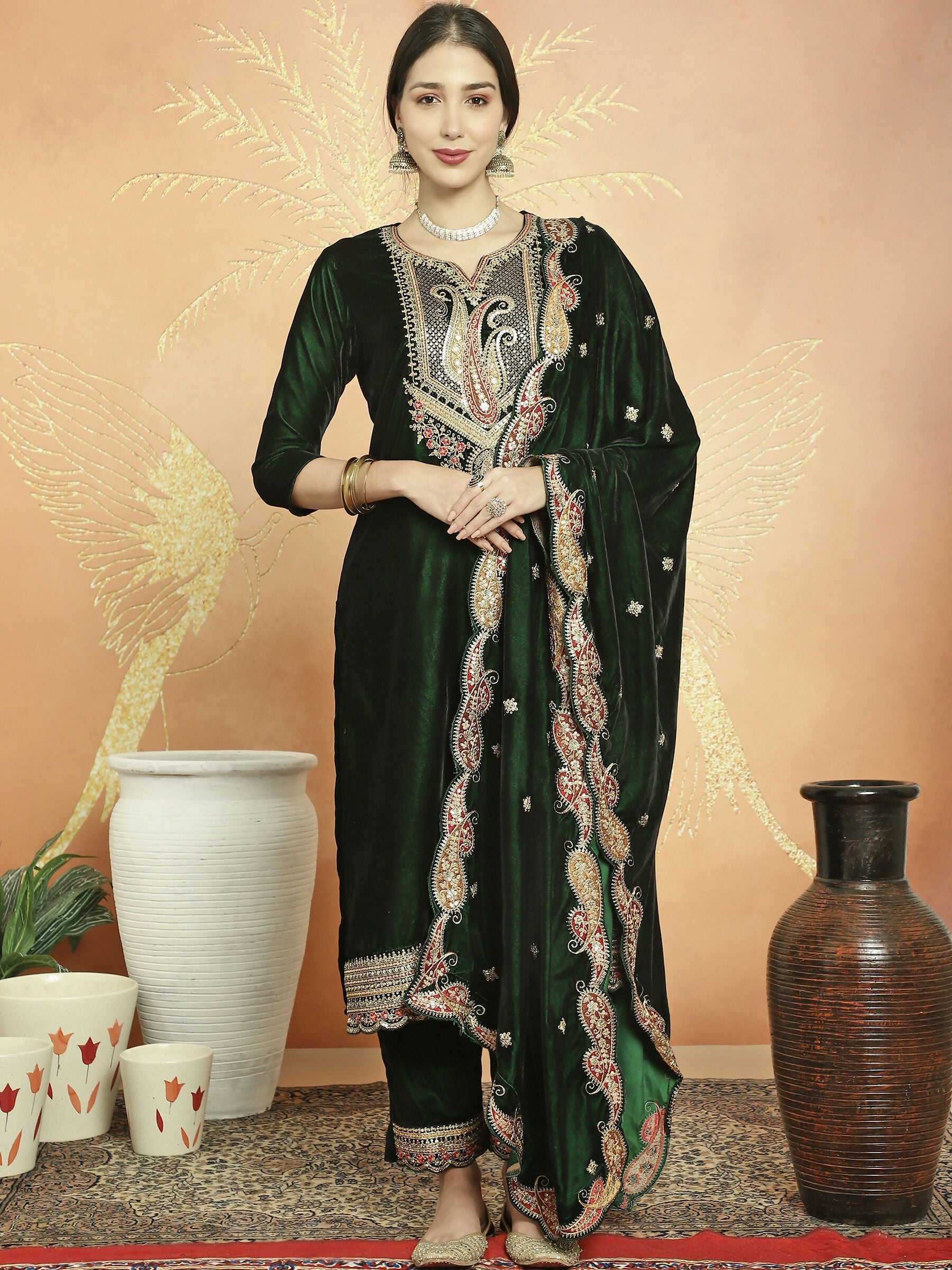 Jyoti Fashion Women's Green Velvet Cording with Resham Thread & Sequin Kurta with Trouser & Dupatta | Swadesiicart