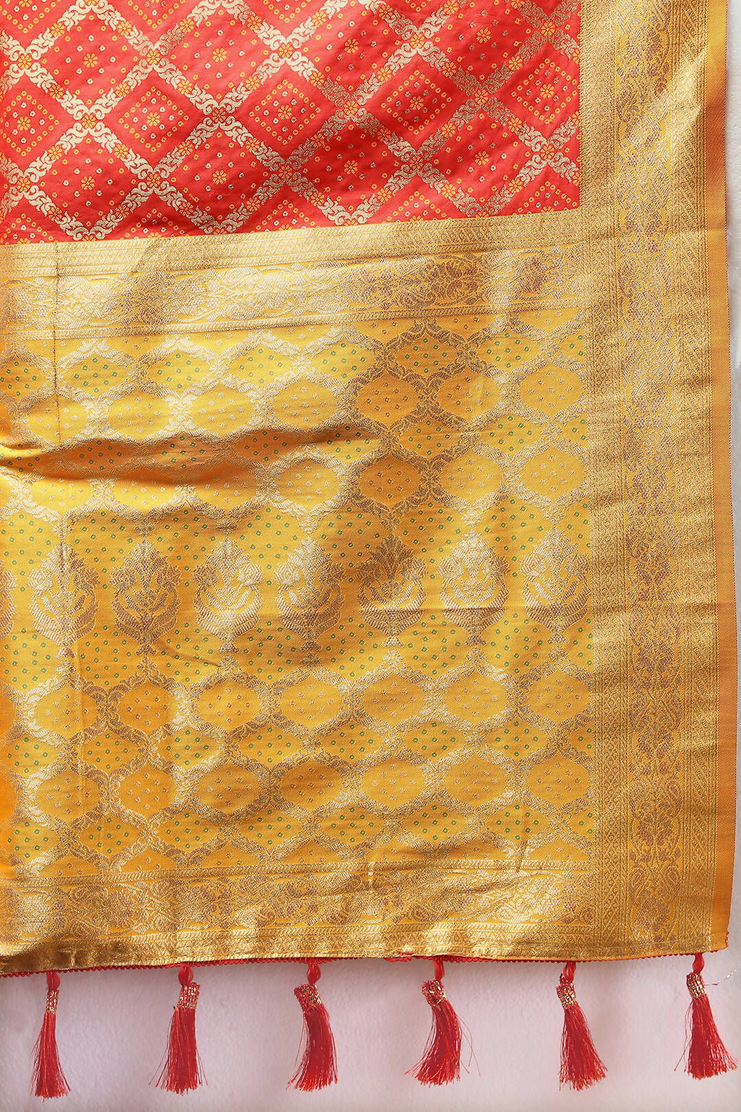 Lorenvalley Fashion Red & Yellow Patola Silk Woven Design Meenakari Weaving Saree - Swadesiicart