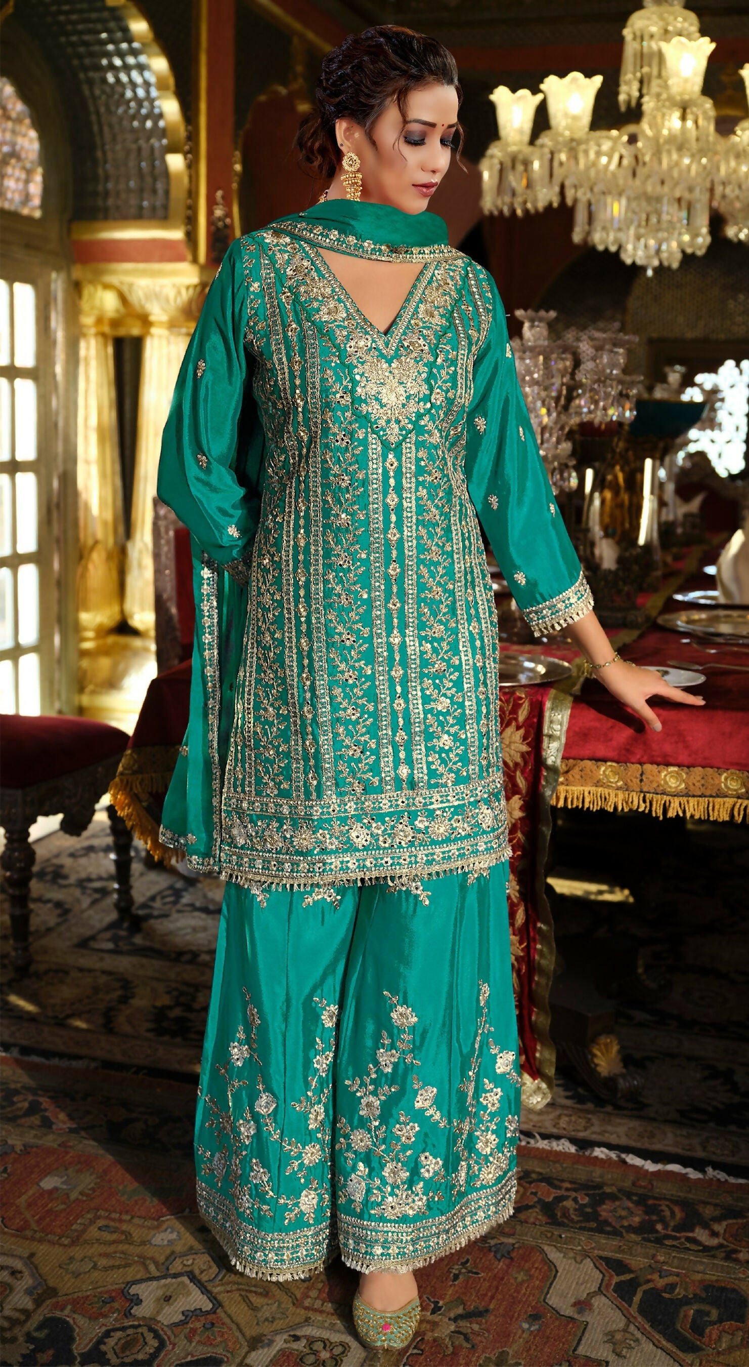 Anaita Turquoise Chinon Stitched Suit with Embroidery Codding Sequence Work