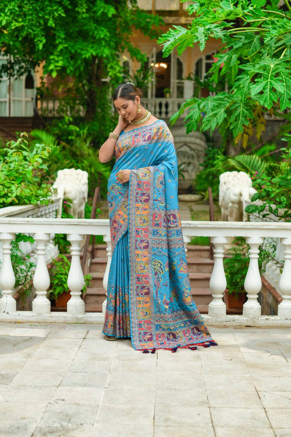 Vishnu Weaves Women's Firozi Banarasi Silk Kashmiri Woven Saree with Blouse - Swadesiicart