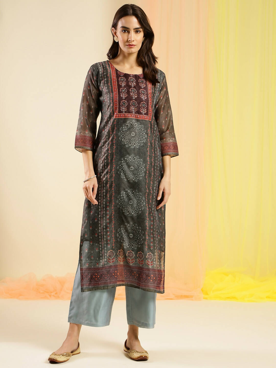 Dark Green Chinon Digital Printed With Hand Work Kurta - Himanshi - Swadesiicart