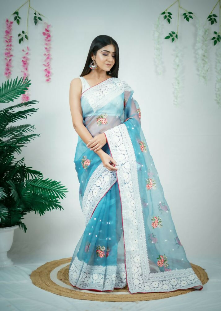 Vamsee Patralekha Blue Organza Saree - Swadesiicart