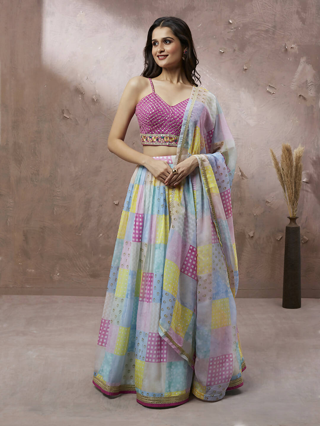 House of Panchhi Turquoise Blue Organza Floral Printed Lehenga choli & Dupatta | Swadesiicart