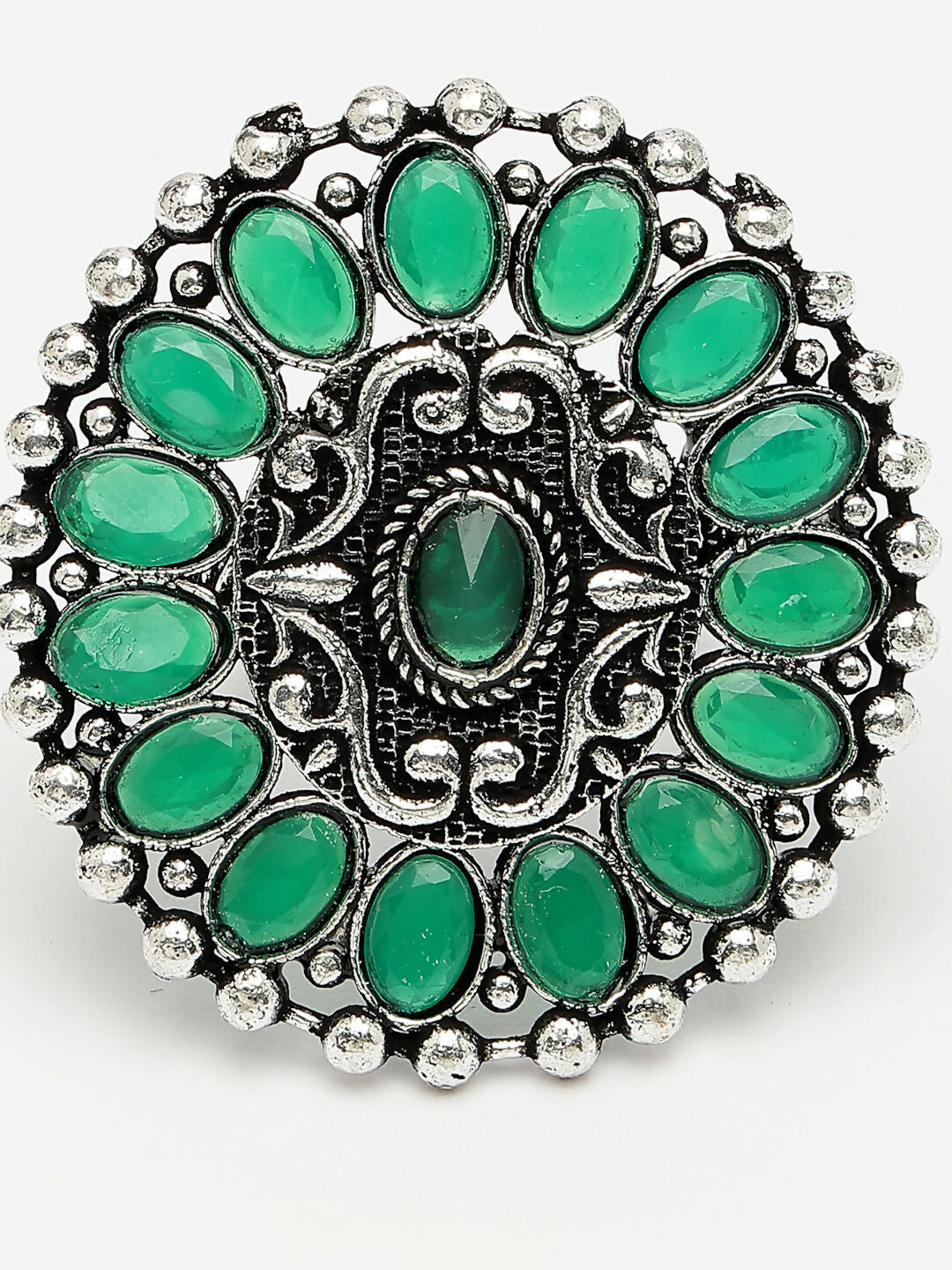 NVR Women's Green Silver-Plated Circular Shape Adjustable Finger Ring | Swadesiicart