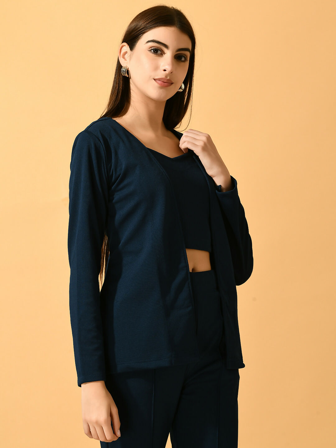 Myshka Women's Navy Blue Solid Coat With Trousers - Swadesiicart