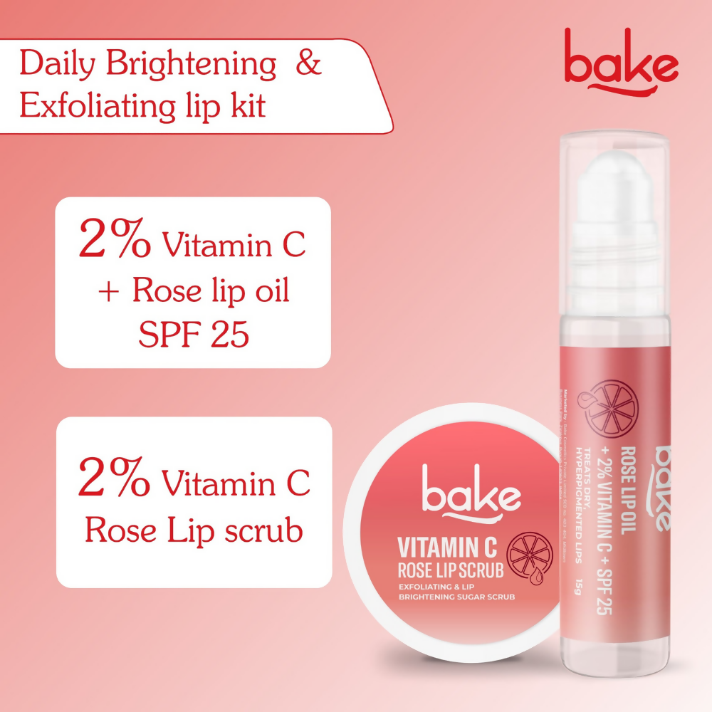 Bake Vitamin C Rose Lip Kit With Lip Balm SPF 25 & Lip Scrub For Dark & Pigmented Lips | Swadesiicart