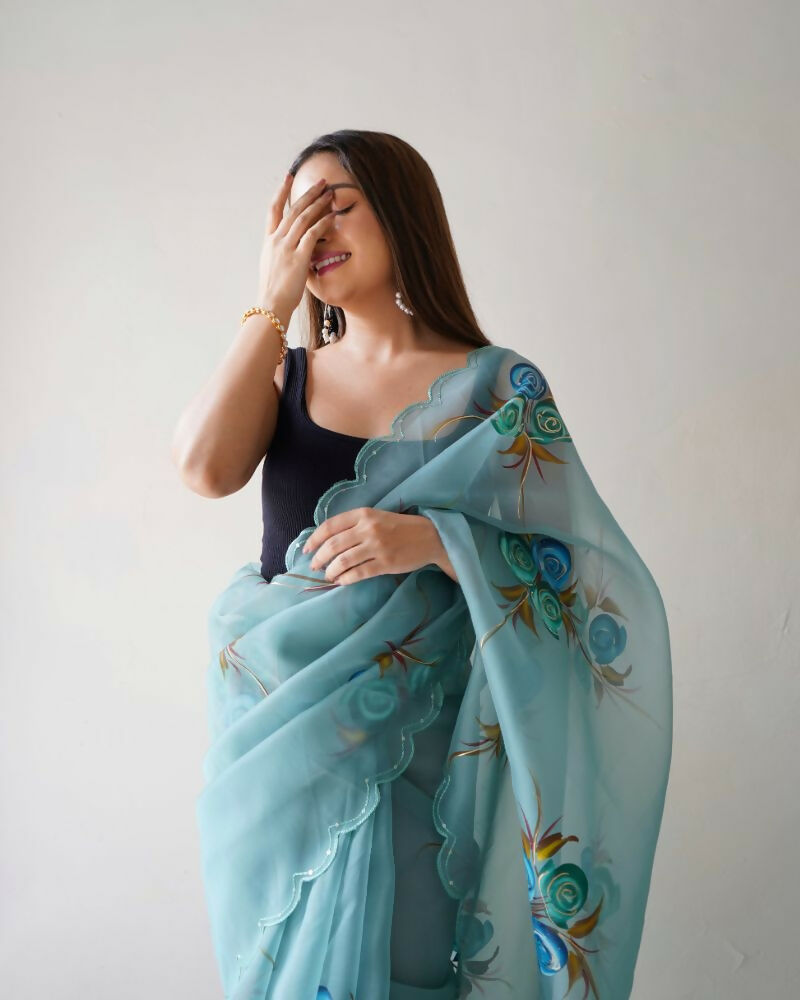 Vamsee Urvashi Blue Organza Saree - Swadesiicart