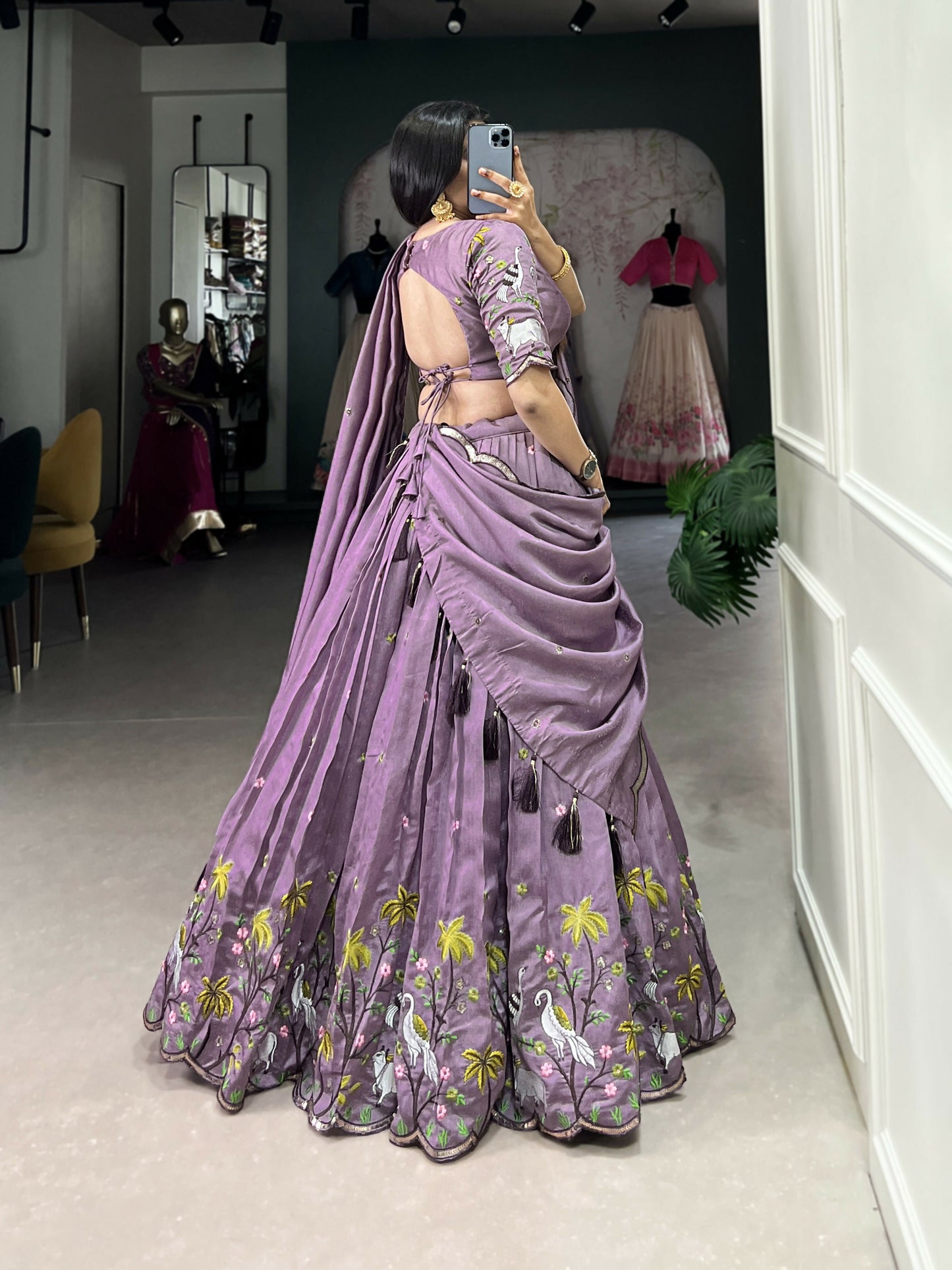 Lorenvalley Lavender Vichitra Simmer Sequins and Thread Embroidery Work Lehenga Choli | Swadesiicart