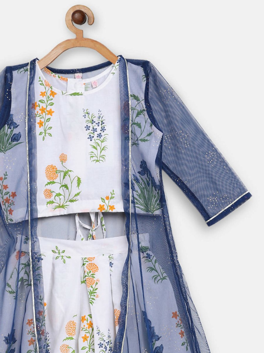 Ahalyaa Off White Cotton Printed Kids Top and Palazzo With Net Jacket For Girls | Swadesiicart
