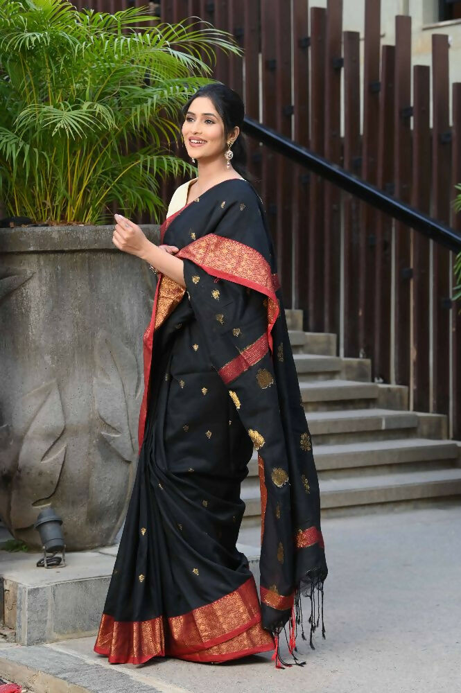 Beatitude Black Cotton Banarasi Saree | Swadesiicart