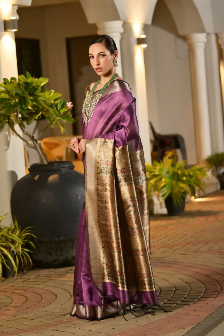 Vishnu Weaves Women's Wine Soft Tussar Silk Printed Saree with Blouse - Swadesiicart
