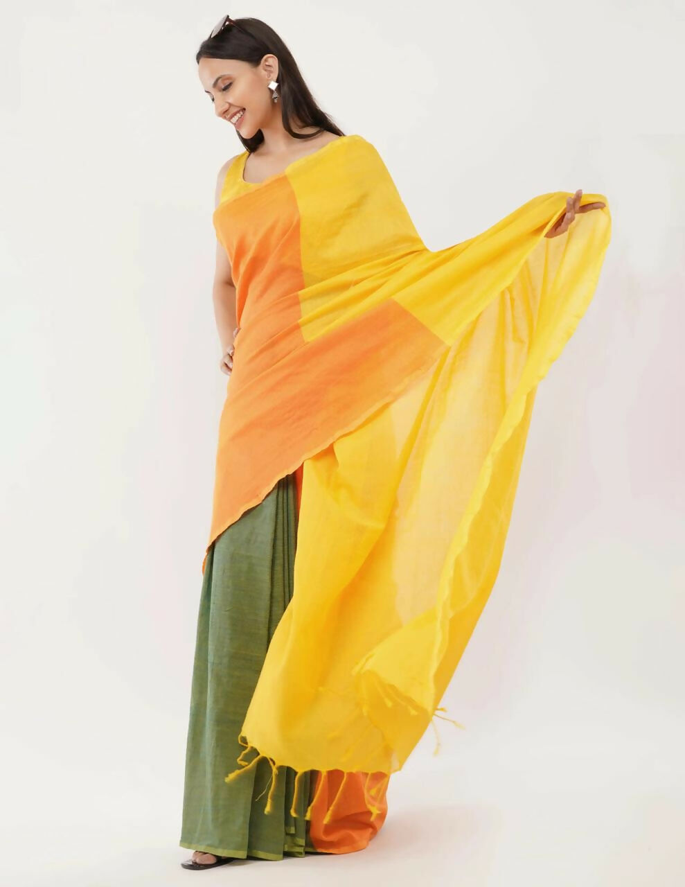Exclusive Collection Beautiful Khadi Cotton Yellow Orange Green Handloom Saree - Swadesiicart
