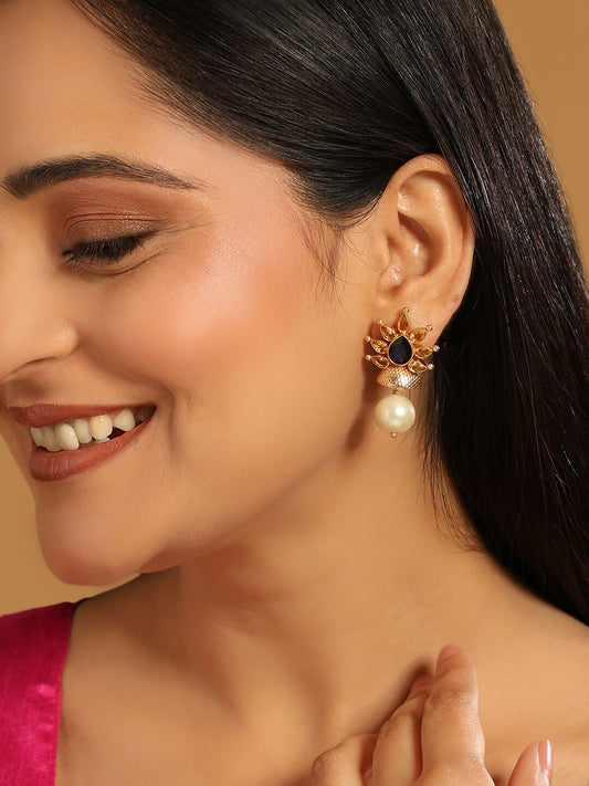 Nuyug 22K Gold Plated Pearl & Crystal Studded Contemporary Floral Stud Earrings | Swadesiicart