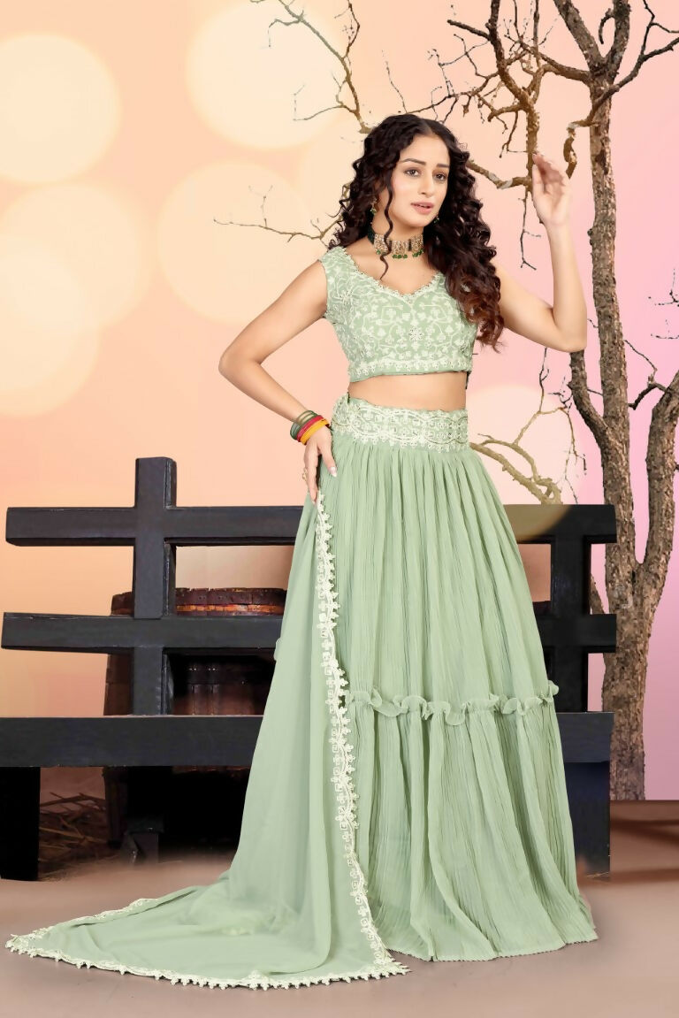 Jyoti Fashion Sea Green Two Tier Crush Georgette Lehenga Choli with Dupatta | Swadesiicart