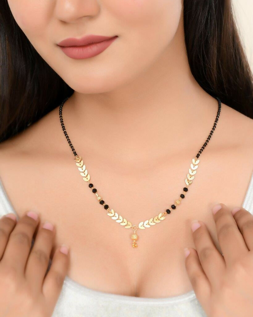 VOJ Gold-Polished Leaf Design Beaded Chain Mangalsutra - Swadesiicart