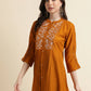 Mustard Chinon Yoke Embroidered A-line Top - Tarini - Swadesiicart