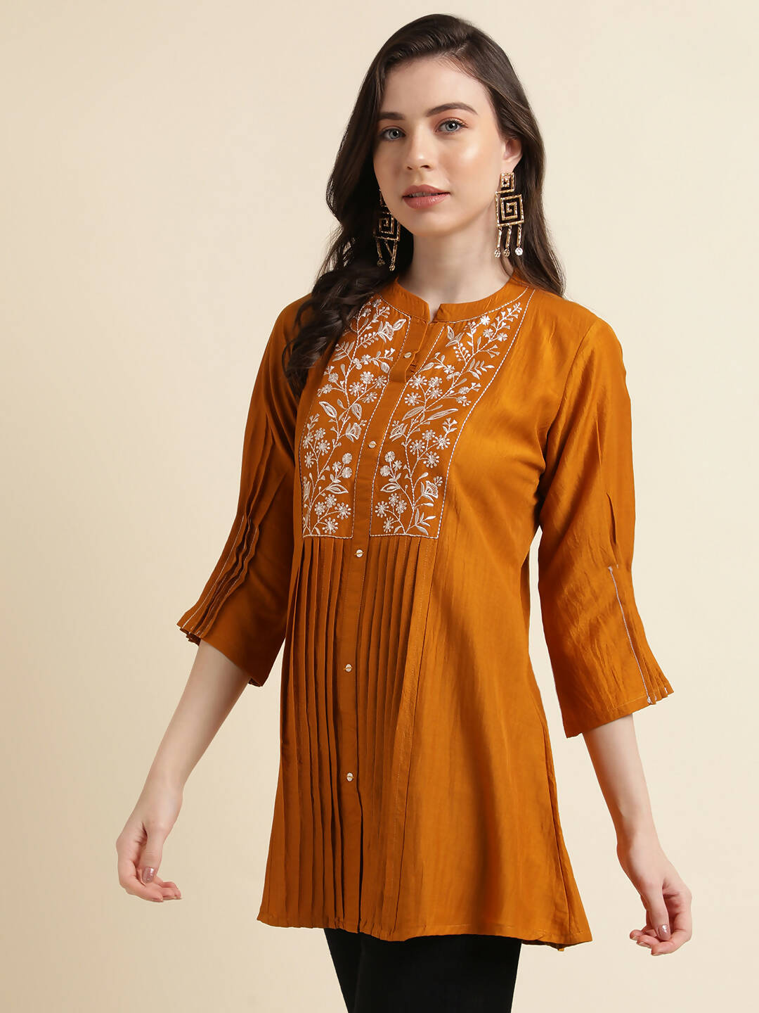 Mustard Chinon Yoke Embroidered A-line Top - Tarini - Swadesiicart