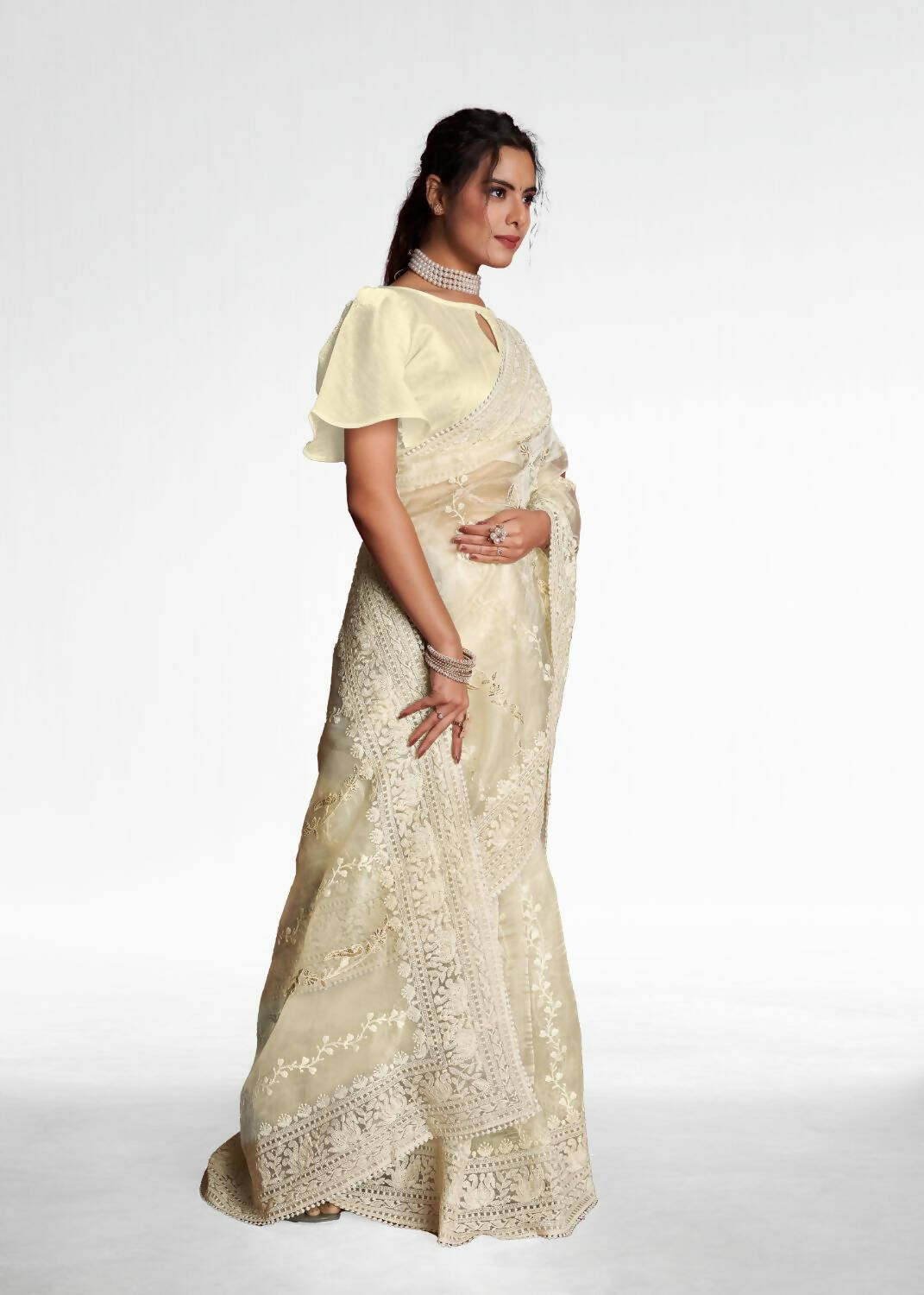 Vamsee White Organza Saree - Swadesiicart