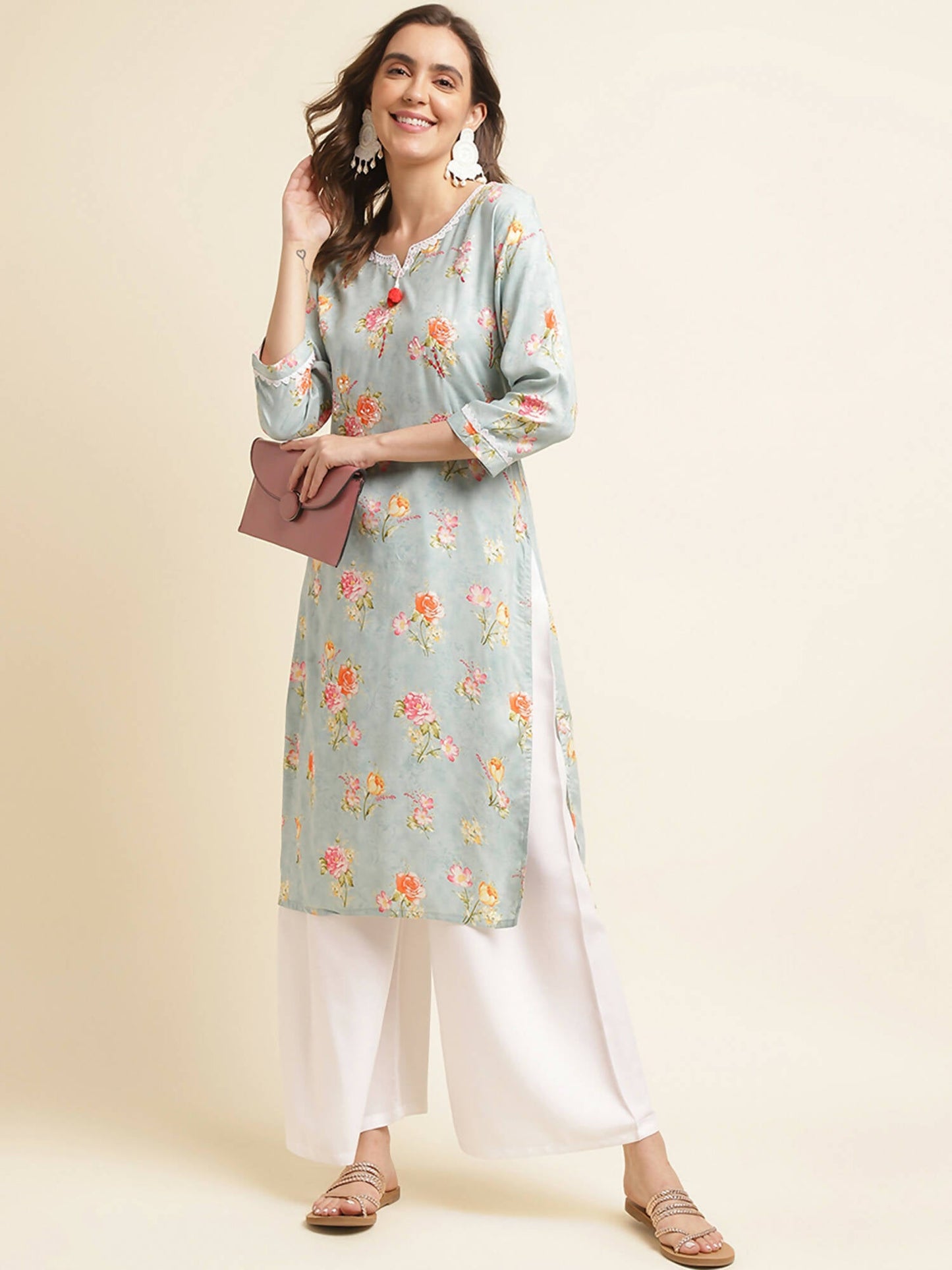 Blue Poly Rayon Floral Printed Straight Kurta - Prasuti