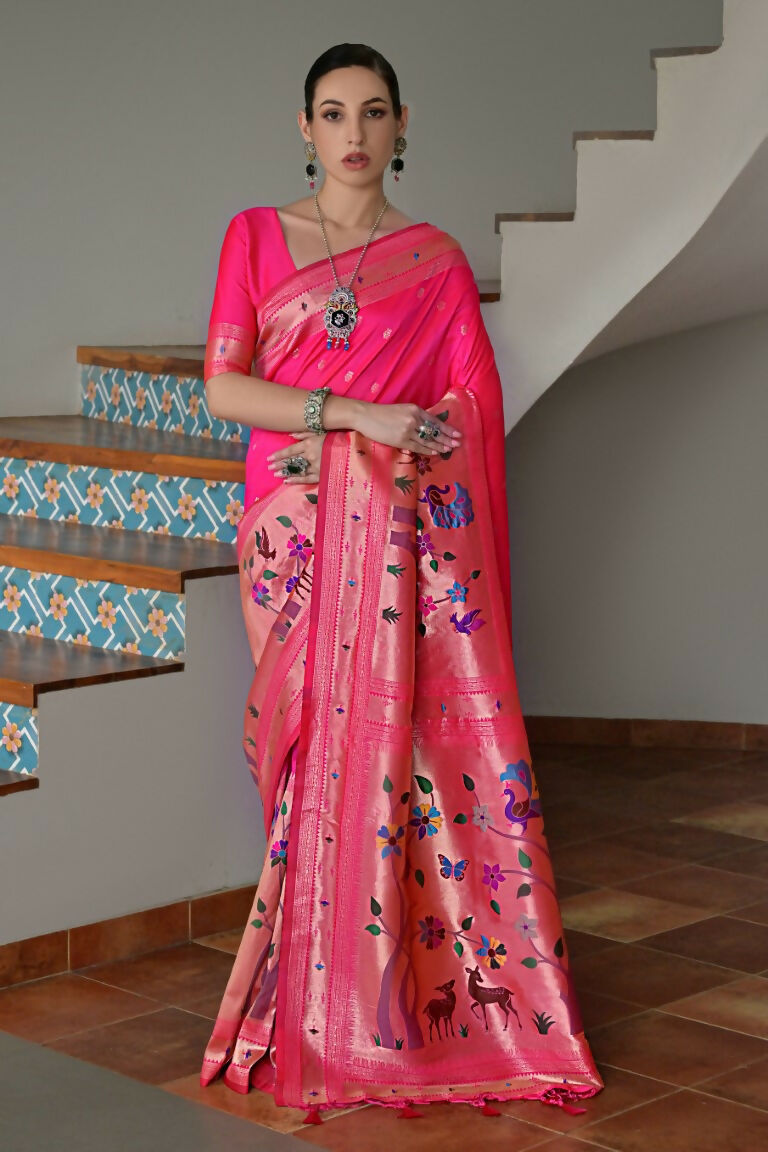 Vishnu Weaves Women's Pink Paithani Silk Zari Woven Saree with Blouse - Swadesiicart