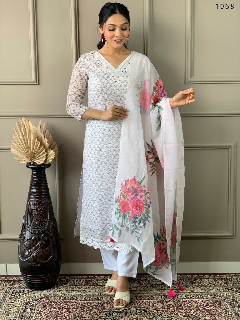 Partywear Designer Linen Cotton with cotton lining Offwhite Stitched Suit With Dupatta - Tanisha | Swadesiicart