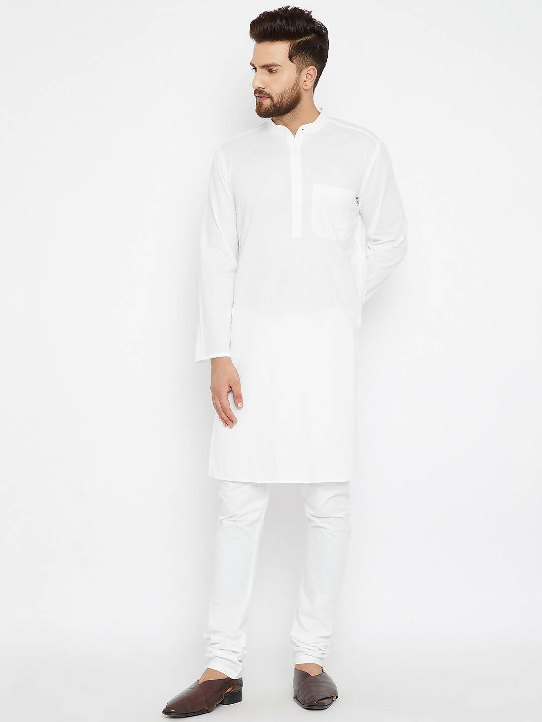 Even Apparels Band Collar White Pure Cotton Men's Kurta | Swadesiicart
