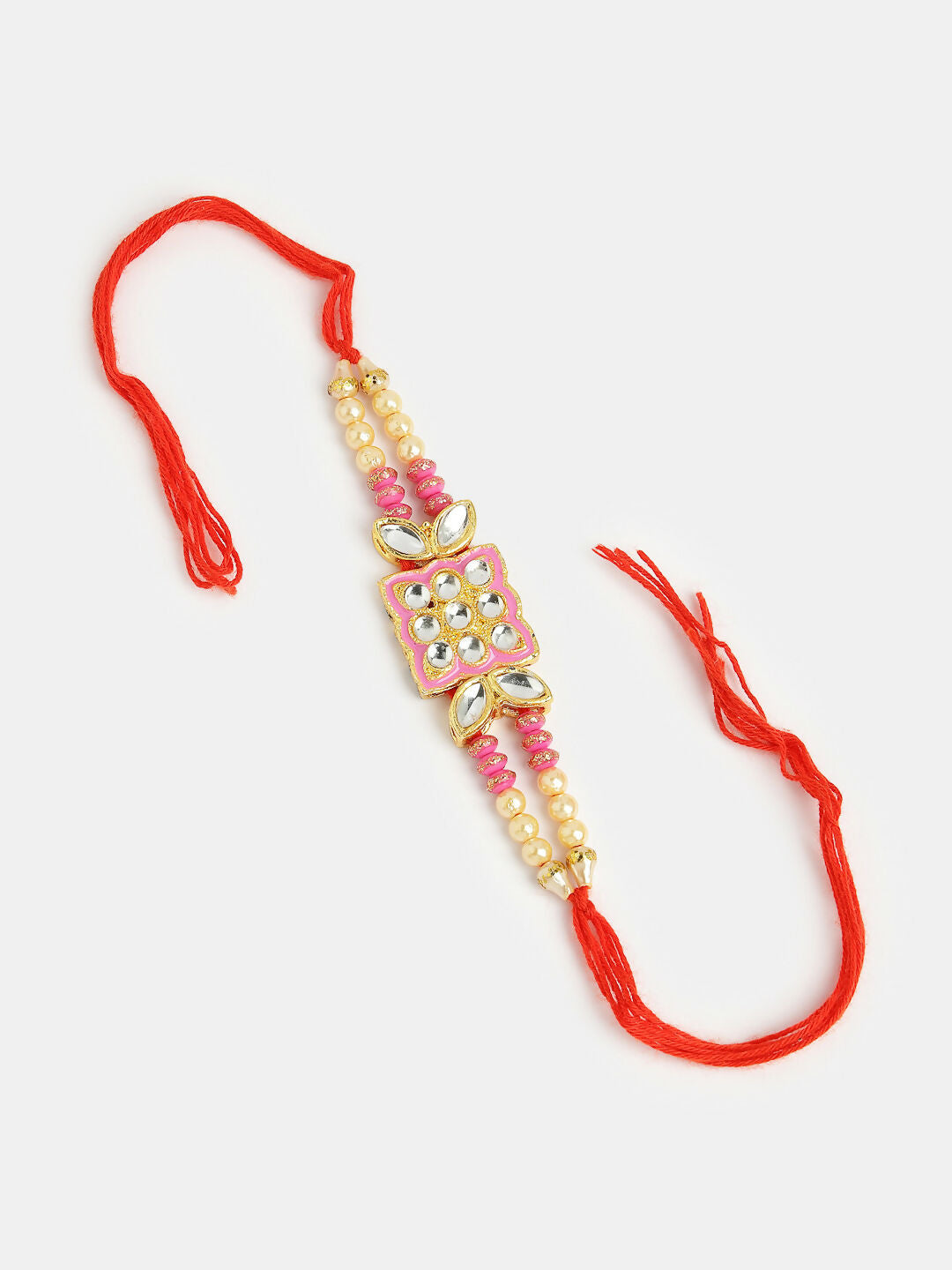 NVR Men Pink & Gold-Toned Kundan-Studded Rakhi With Roli Chawal & Chocolate | Swadesiicart