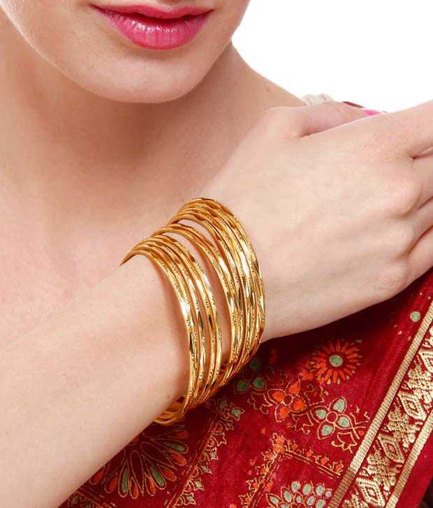Gold-Polished Alloy Set Of 12 Thin Bangles - The Pari - The Pari - Dinesh Associates