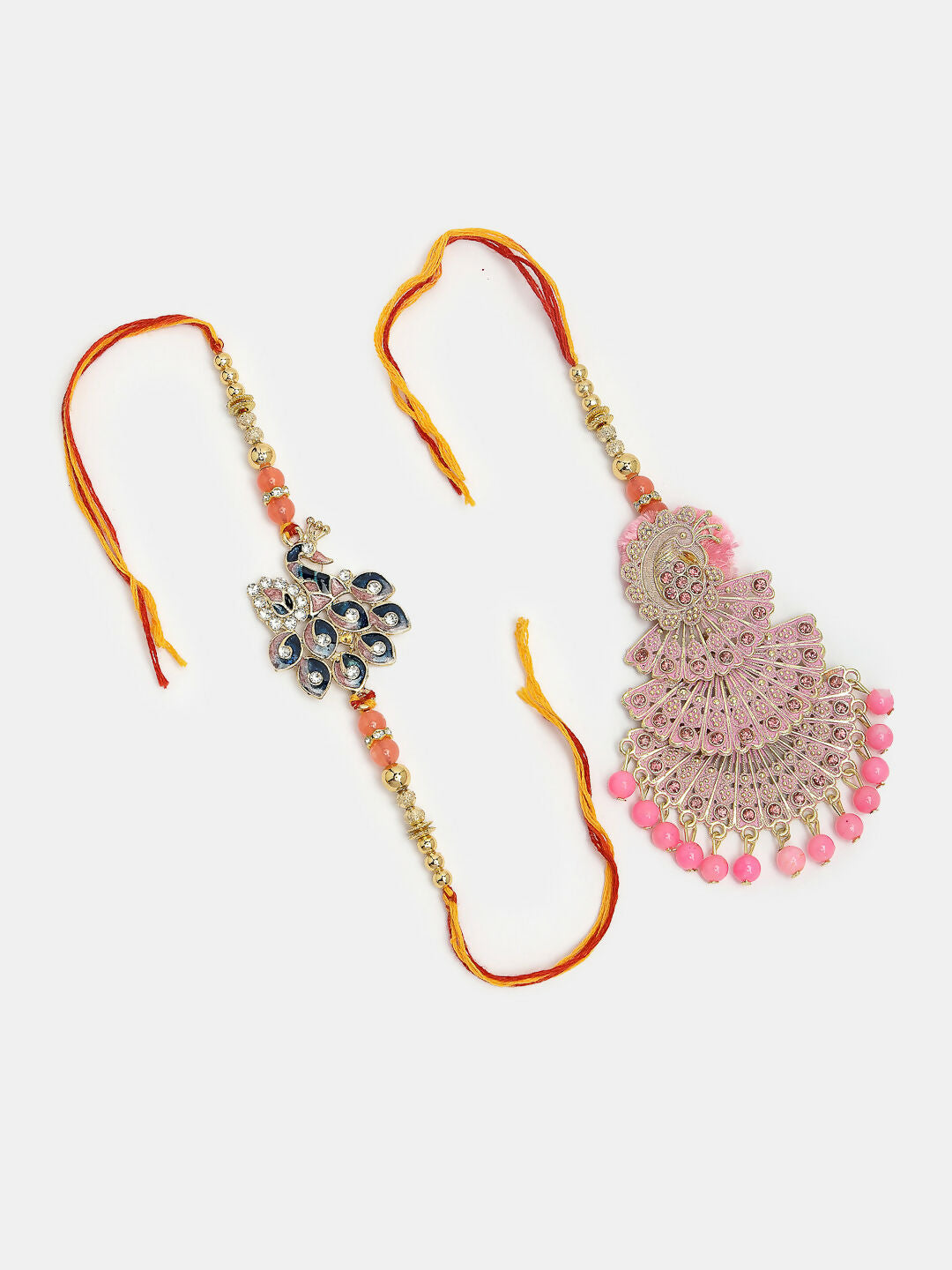 NVR Women & Men Set of 2 Multicolor Peacock Design Stone-Studded & Beaded Bhaiya Bhabhi Rakhi With Roli Chawal & Chocolate | Swadesiicart